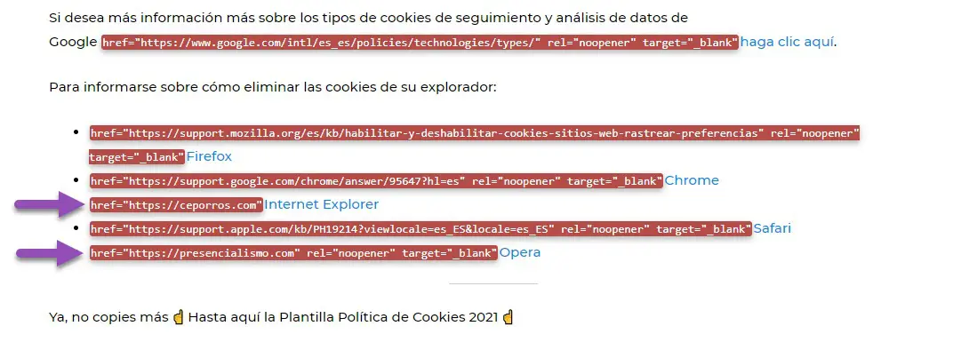 Enlaces sopechosos en la política de cookies